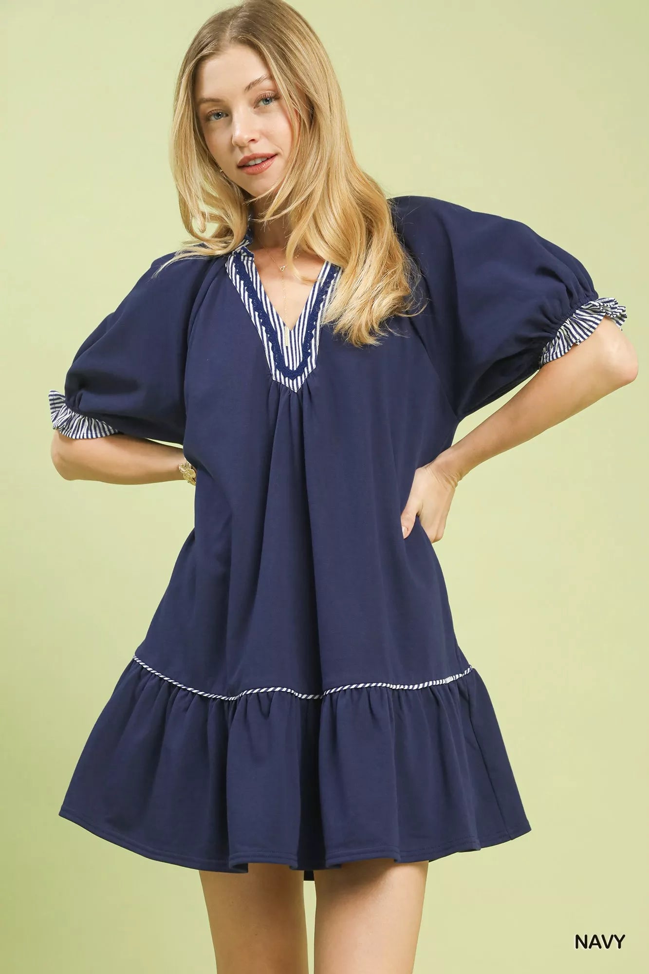 Navy blue Umgee French terry mini dress with puffed sleeves and ruffled striped trim