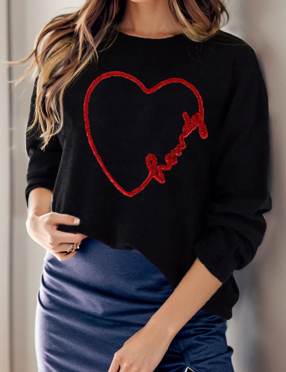 Graphic Round Neck Long Sleeve Sweater | Sweaters Daverri Fashions