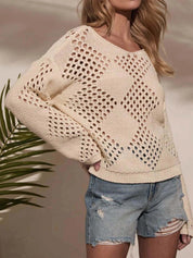 Openwork Boat Neck Long Sleeve Sweater | Sweaters Daverri Fashions