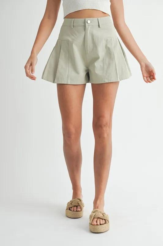 MABLE Pleated High Waist Twill Shorts Sage