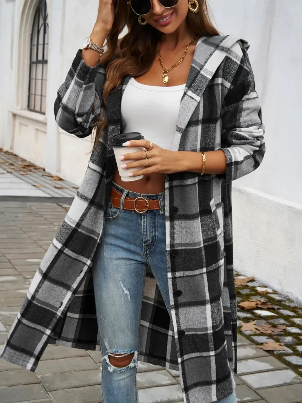 Devine Plaid Long Sleeve Hooded Coat - DAVERRI FASHIONS