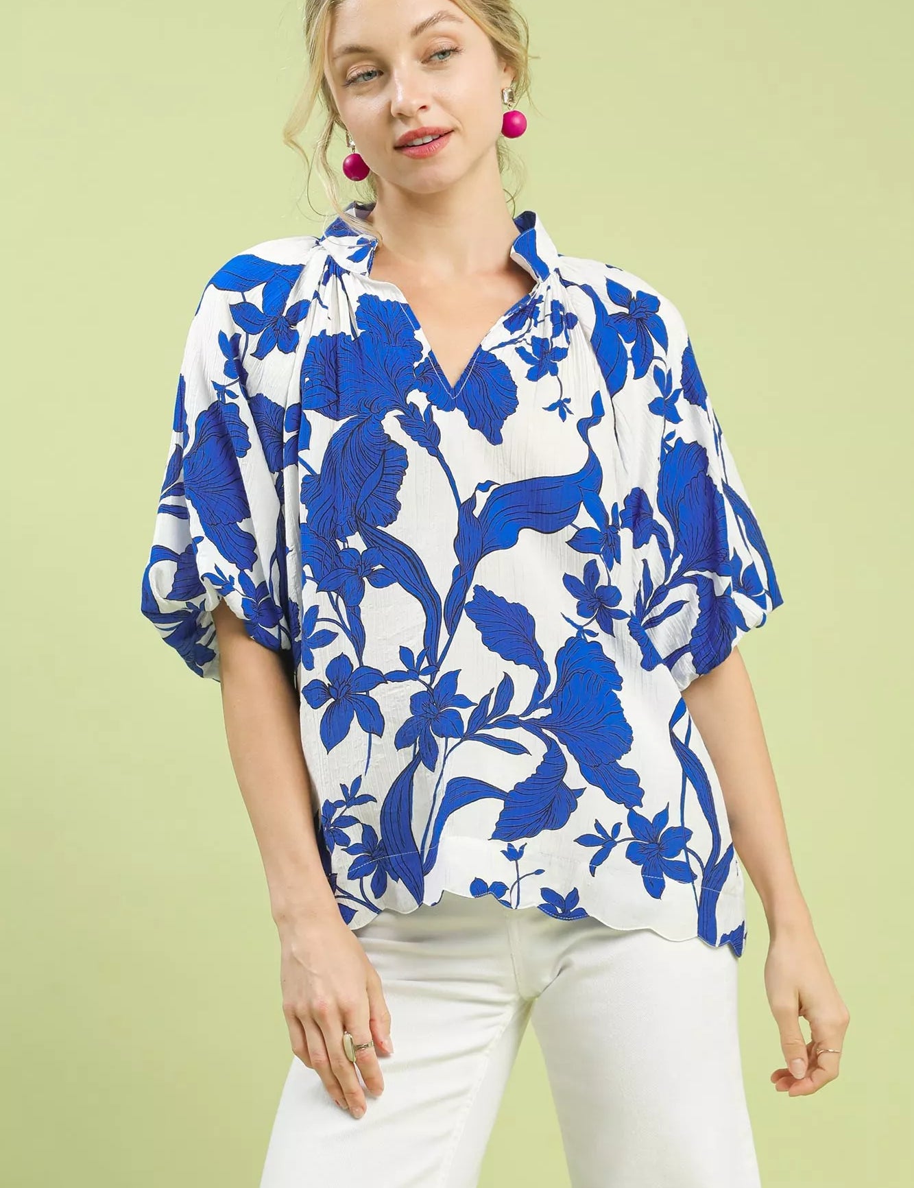 OCEAN MIX Umgee Floral Print Puff Sleeve Blouse with Scallop Hem | Blouses Daverri Fashions