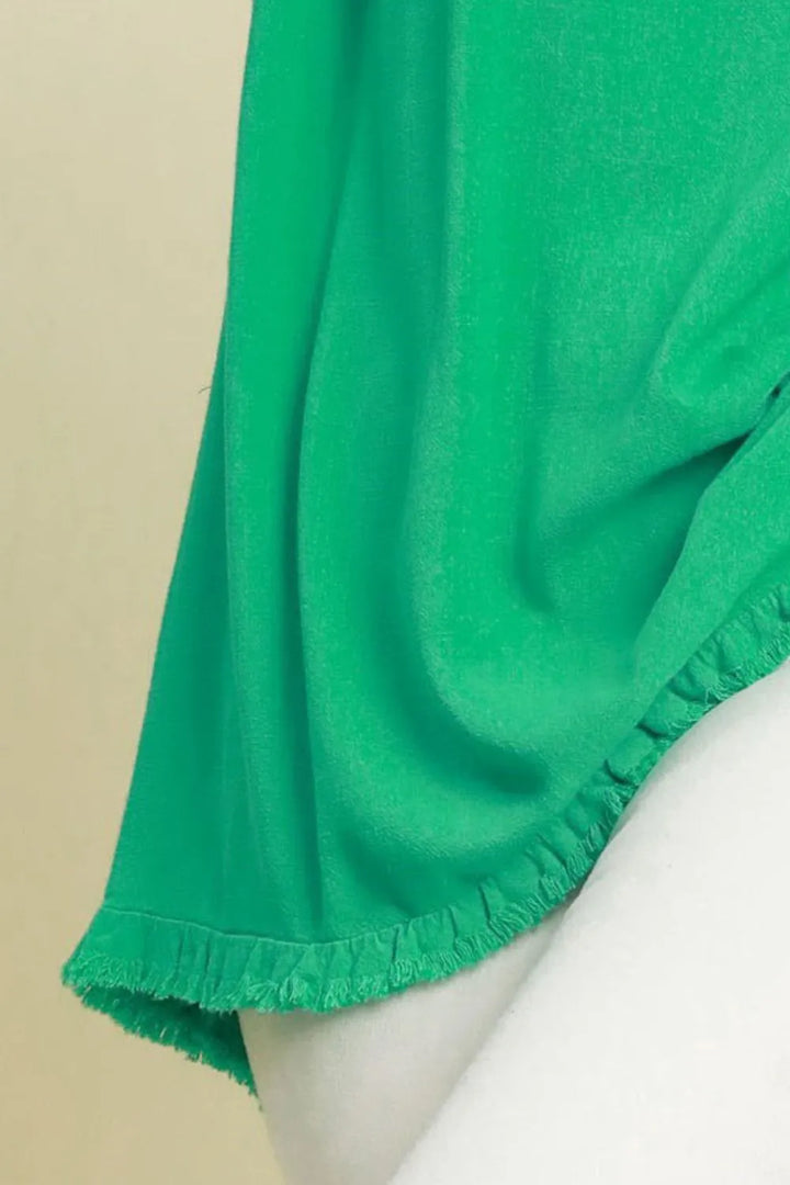 Umgee Full Size Seam Detail Linen Ruffle Fringe Edge Top Plus Size Tops