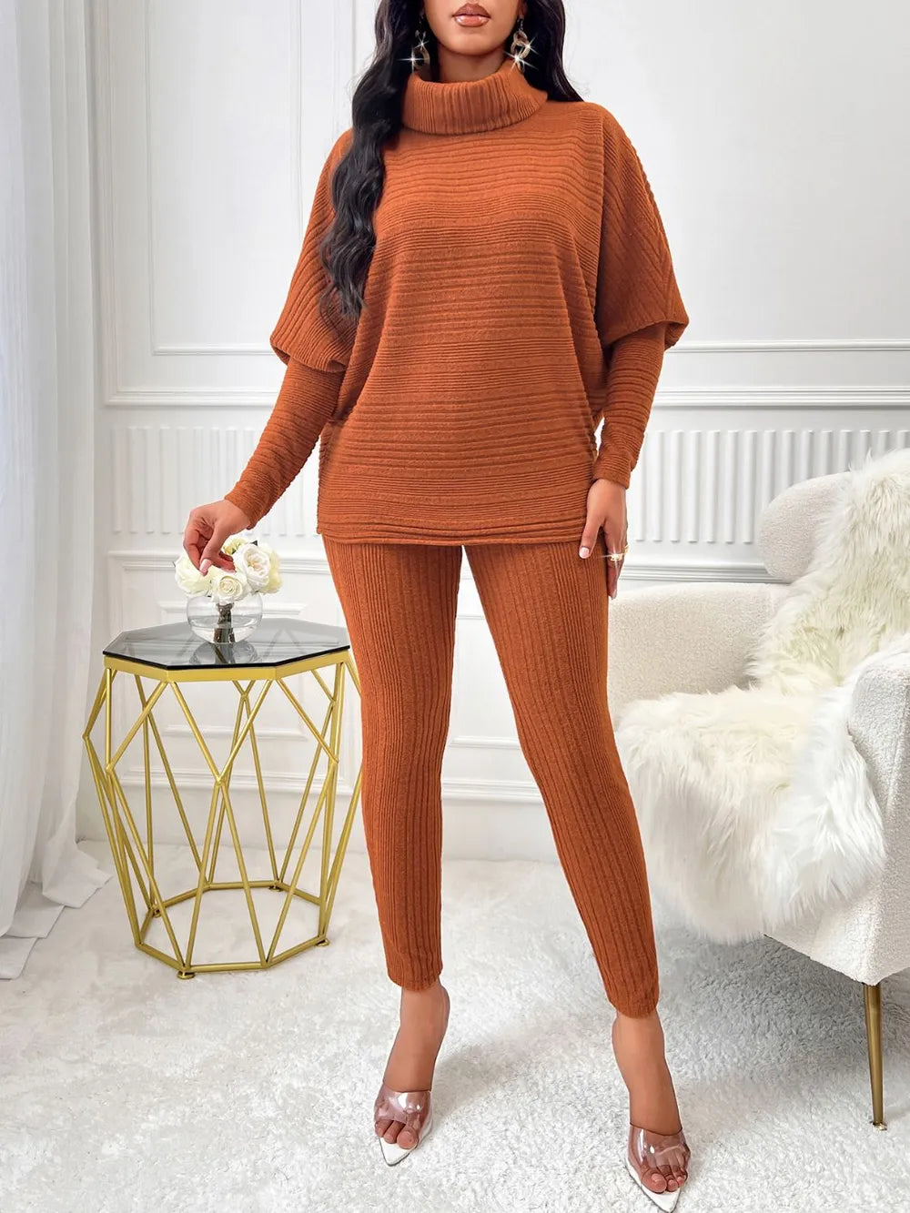 Turtleneck Batwing Sleeve Top and Pants Set | Outfit Sets Daverri Fashions