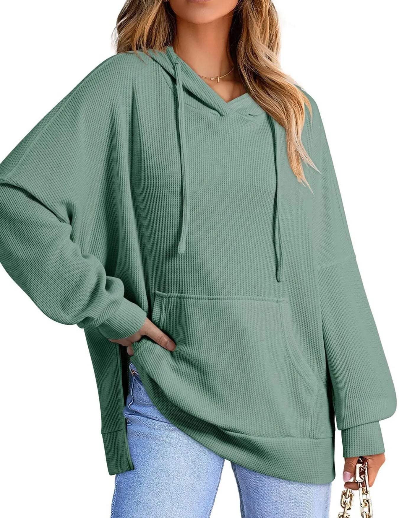 Bean Green Slit Drawstring Waffle Knit Hoodie | Hoodies Daverri Fashions