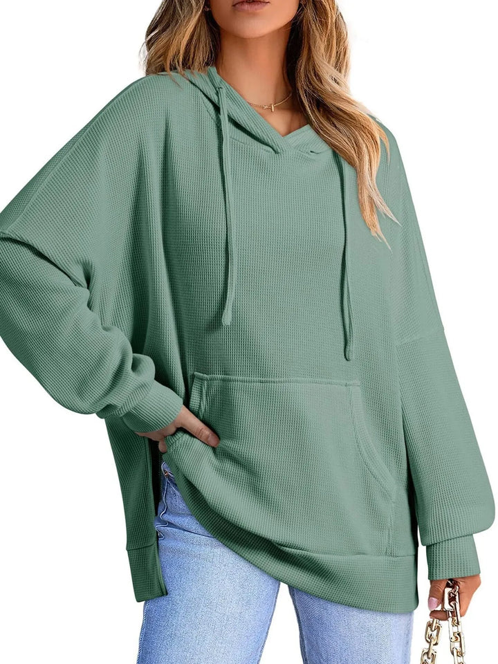 Bean Green Slit Drawstring Waffle Knit Hoodie | Hoodies Daverri Fashions