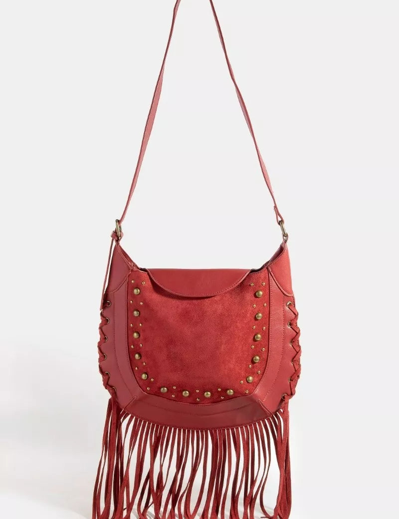 RD one size Fame Rivet Trim Suede Fringe Shoulder Bag | Handbags Daverri Fashions