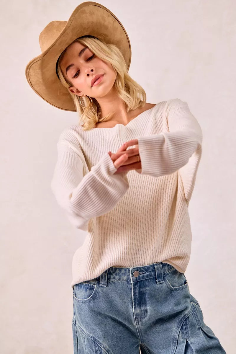 Beige ribbed waffle knit off-shoulder top with long sleeves