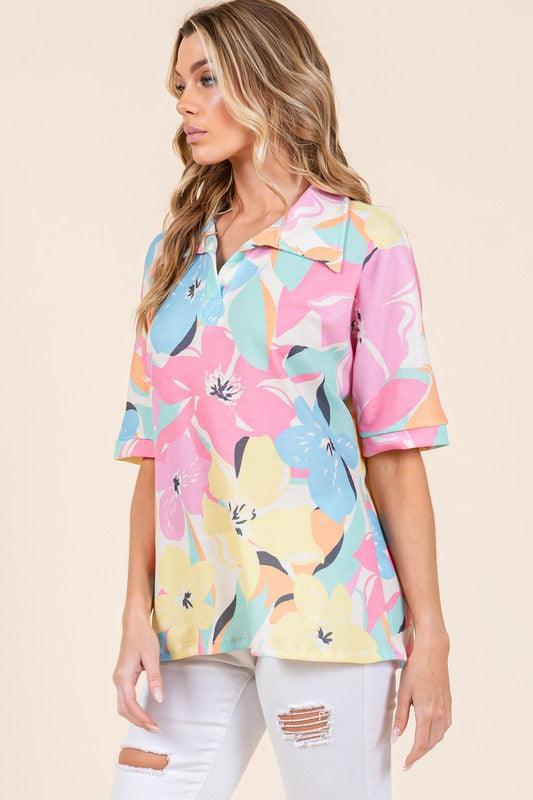 BOMBOM Floral Collared Neck Half Sleeve Top - DAVERRI FASHIONS