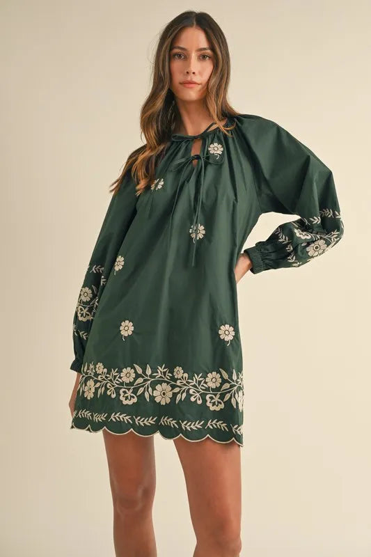MABLE Embroidered Long Sleeve Peasant Mini Dress Hunter Green