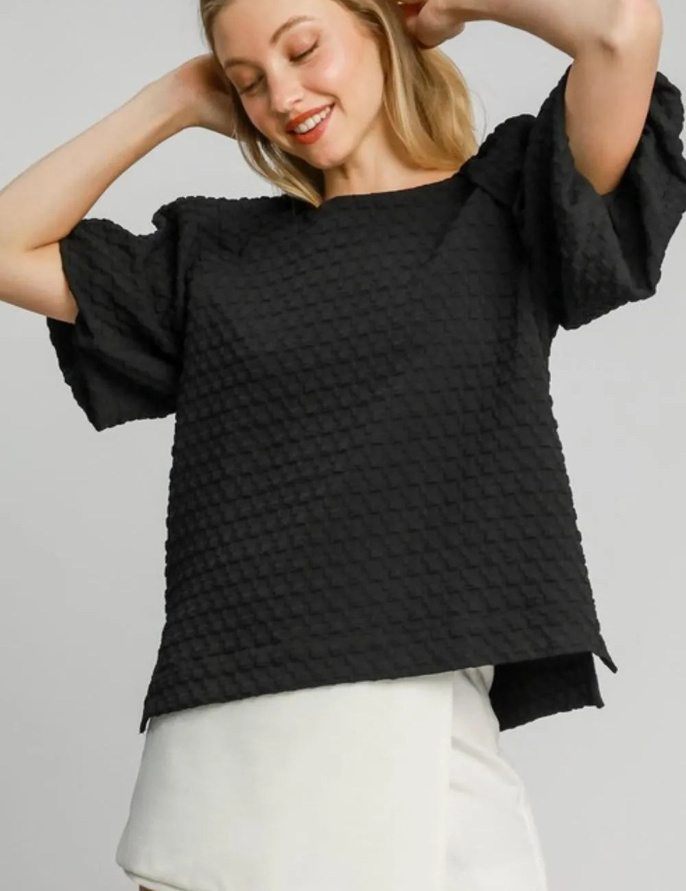 Umgee Boxy Cut Jacquard Round Neck Top with Side Slit | Tops Daverri Fashions