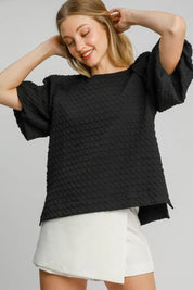 Umgee Boxy Cut Jacquard Round Neck Top with Side Slit | Tops Daverri Fashions