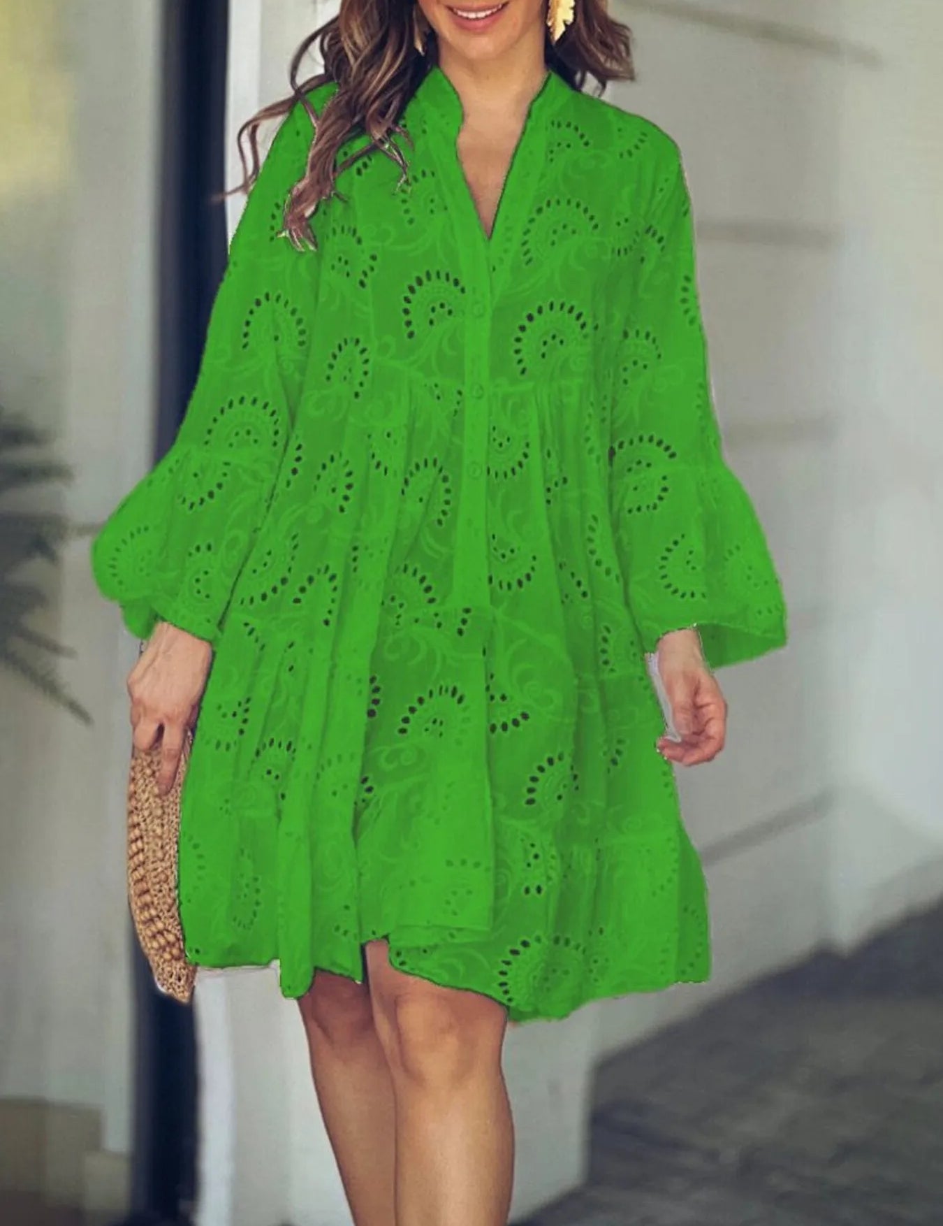 Green Full Size Eyelet Ruffled Hem Tiered Dress Plus Size | Mini Dresses Daverri Fashions