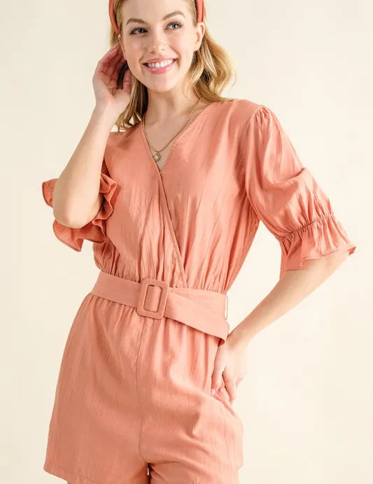 And The Why Flounce Sleeves Romper with Belt | Rompers Daverri Fashions