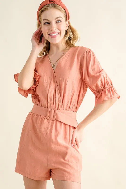 And The Why Flounce Sleeves Romper with Belt | Rompers Daverri Fashions