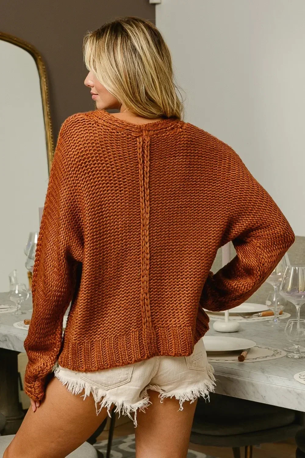 BiBi V-Neck Cable Knit Sweater - DAVERRI FASHIONS