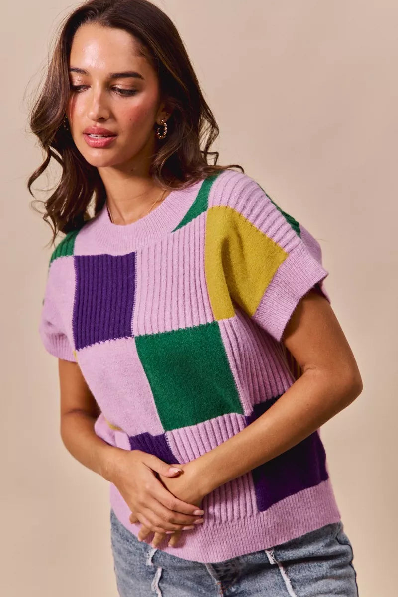 SO ME Mardi Gras Check Plaid Casual Sweater Top in vibrant geometric knit