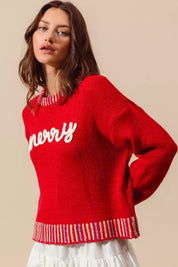 SO ME Merry Lettering Embroidered Christmas Sweater | Sweaters Daverri Fashions