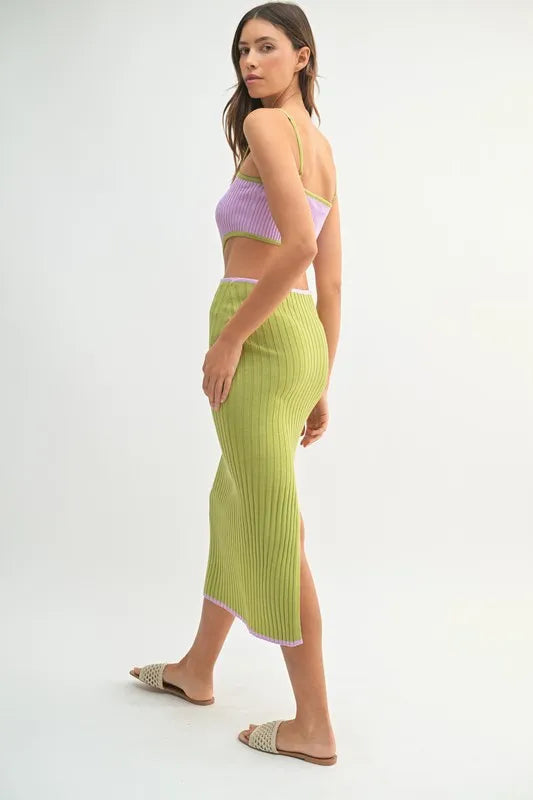 MABLE Lime Ribbed Knit Color Block Cutout Midi Dress Midi Dresses