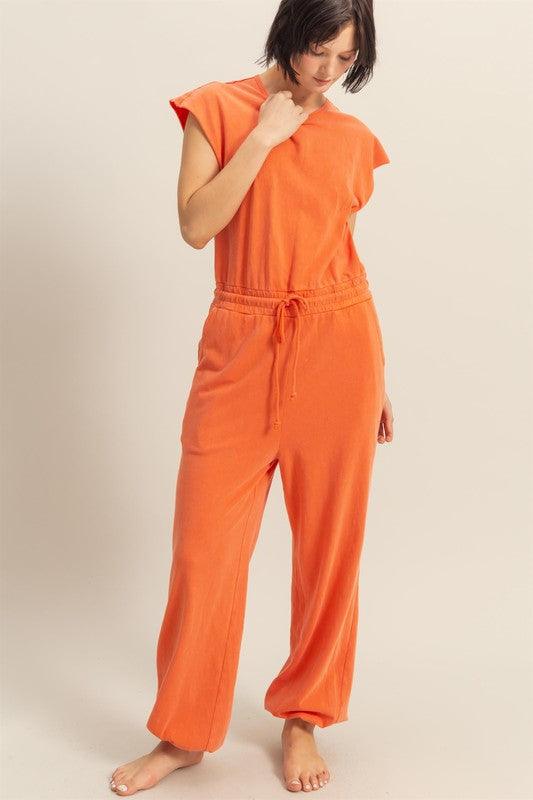 HYFVE Back Keyhole Round Neck Cap Sleeve Drawstring Jumpsuit Orange