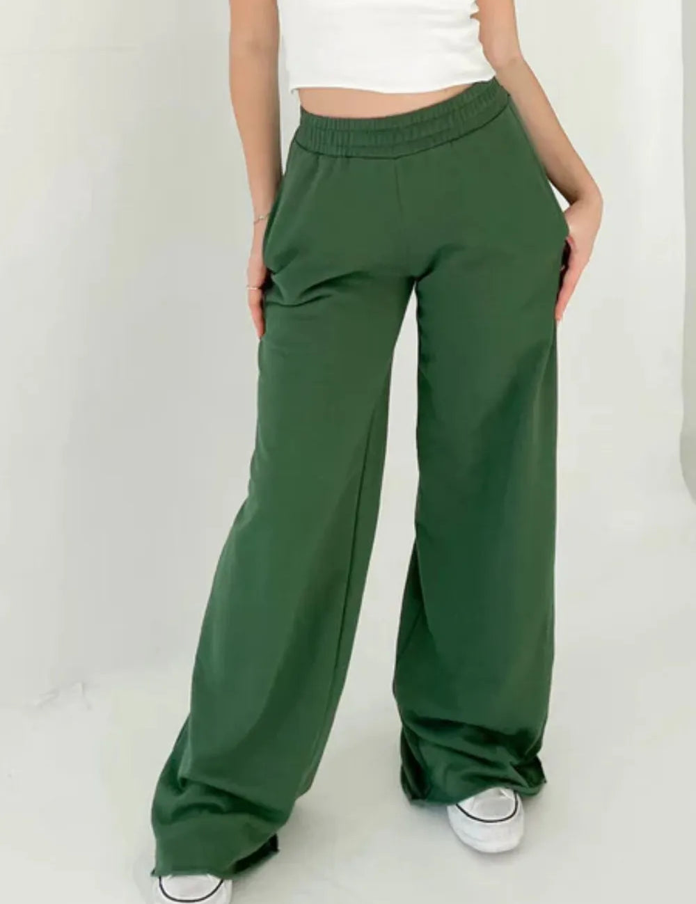 Dark Green Elastic Waist Wide Leg Pants | Pants Daverri Fashions