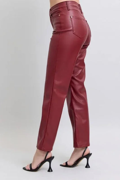 Judy Blue High Waist Tummy Control Faux Leather Straight Pants Plus Size - DAVERRI FASHIONS