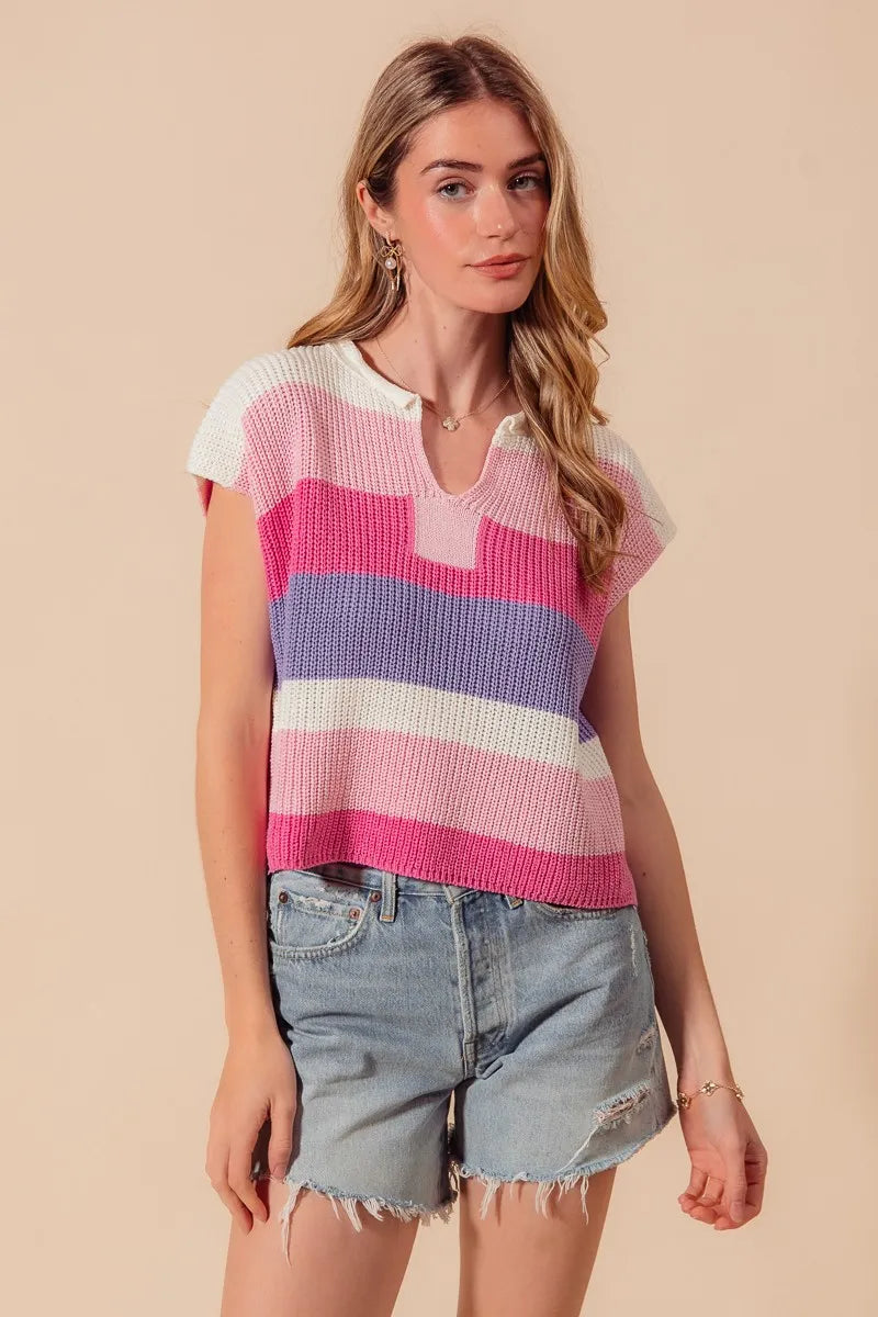 SO ME Multi Color Stripe Loose Fit Cap Sleeve Sweater Top BLUSH PINK LILAC