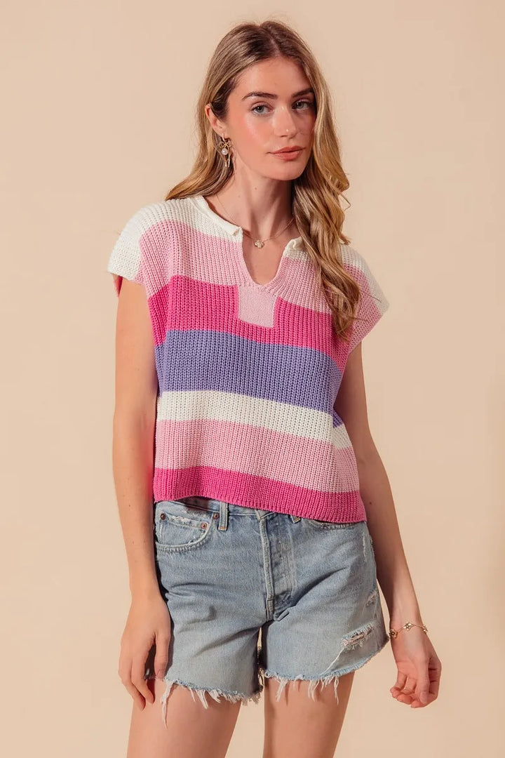 SO ME Multi Color Stripe Loose Fit Cap Sleeve Sweater Top BLUSH PINK LILAC