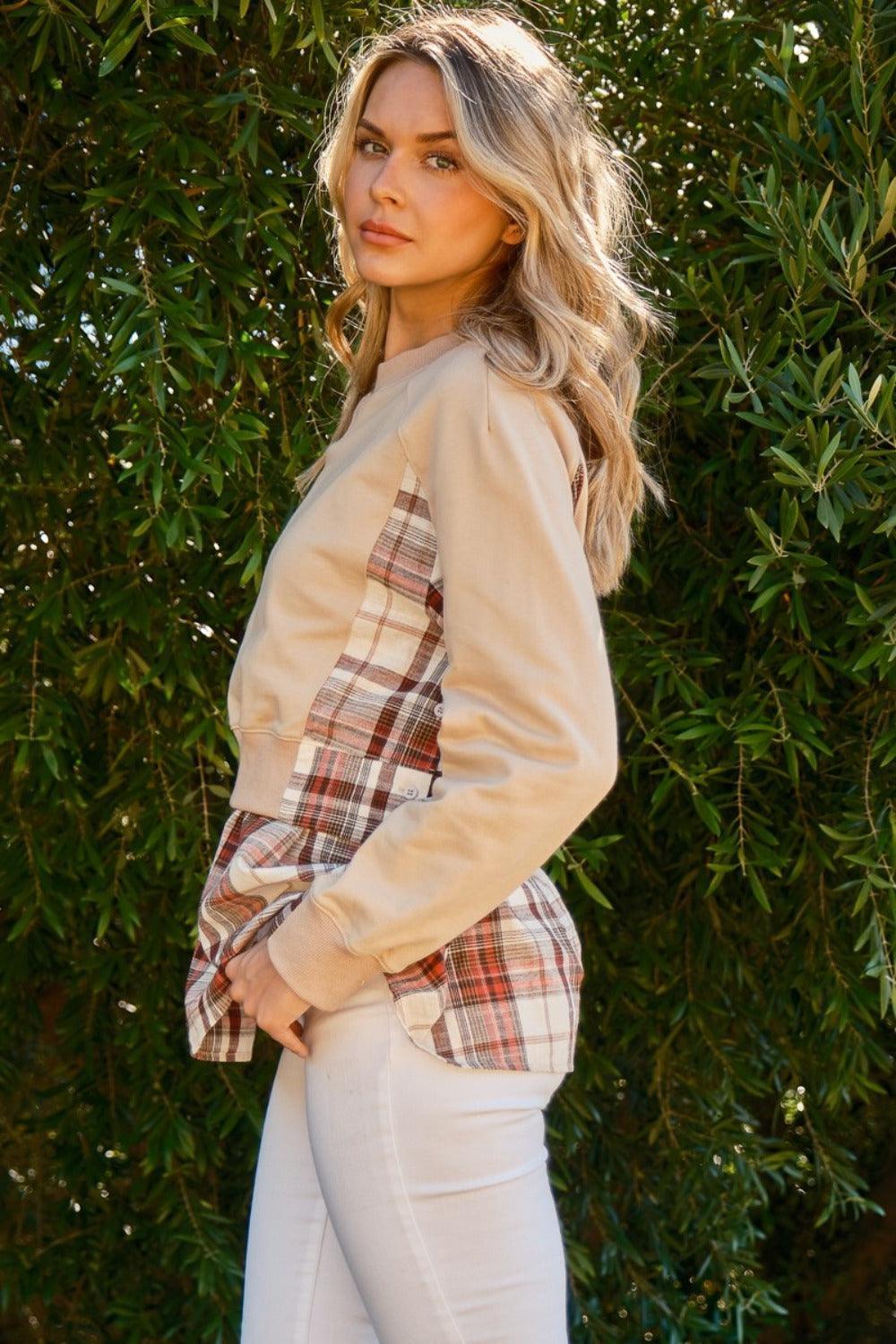And The Why Full Size Double Layered Plaid Contrast Sweatshirt - DAVERRI FASHIONS
