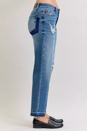 Judy Blue Full Size Mid Rise Bf Patch & Repair Destroy Release Hem Jeans Plus Size | Jeans Daverri Fashions