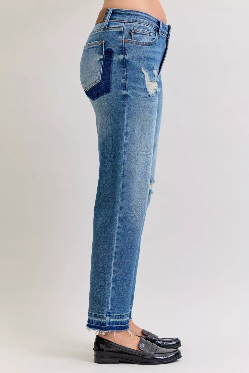 Judy Blue Full Size Mid Rise Bf Patch & Repair Destroy Release Hem Jeans Plus Size | Jeans Daverri Fashions