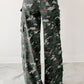 Camo print high-waisted denim cargo pants in green, brown, beige pattern