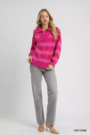 Umgee Floral Patterned Jacquard Quarter-Zip Pullover Sweater Hot Pink | Sweaters Daverri Fashions