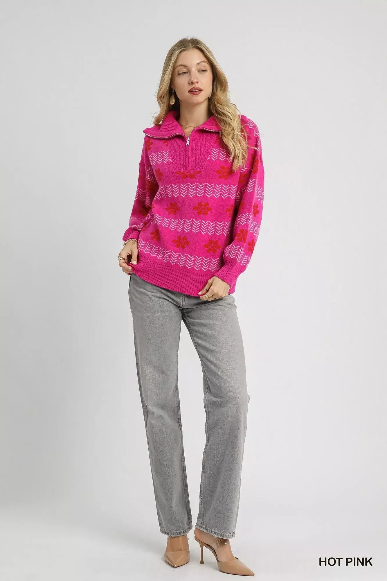 Umgee Floral Patterned Jacquard Quarter-Zip Pullover Sweater Hot Pink - DAVERRI FASHIONS