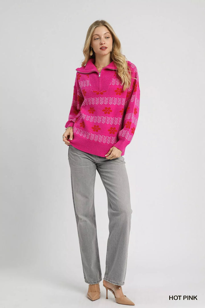 Umgee Floral Patterned Jacquard Quarter-Zip Pullover Sweater | Sweaters Daverri Fashions