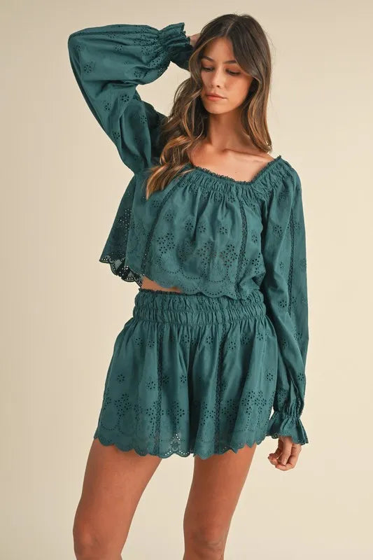 MABLE Embroidered Scalloped Lace Top and Short Set Outfit Sets