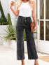 High-waisted dark wash wide-leg jeans with five-pocket design and rolled cuffs