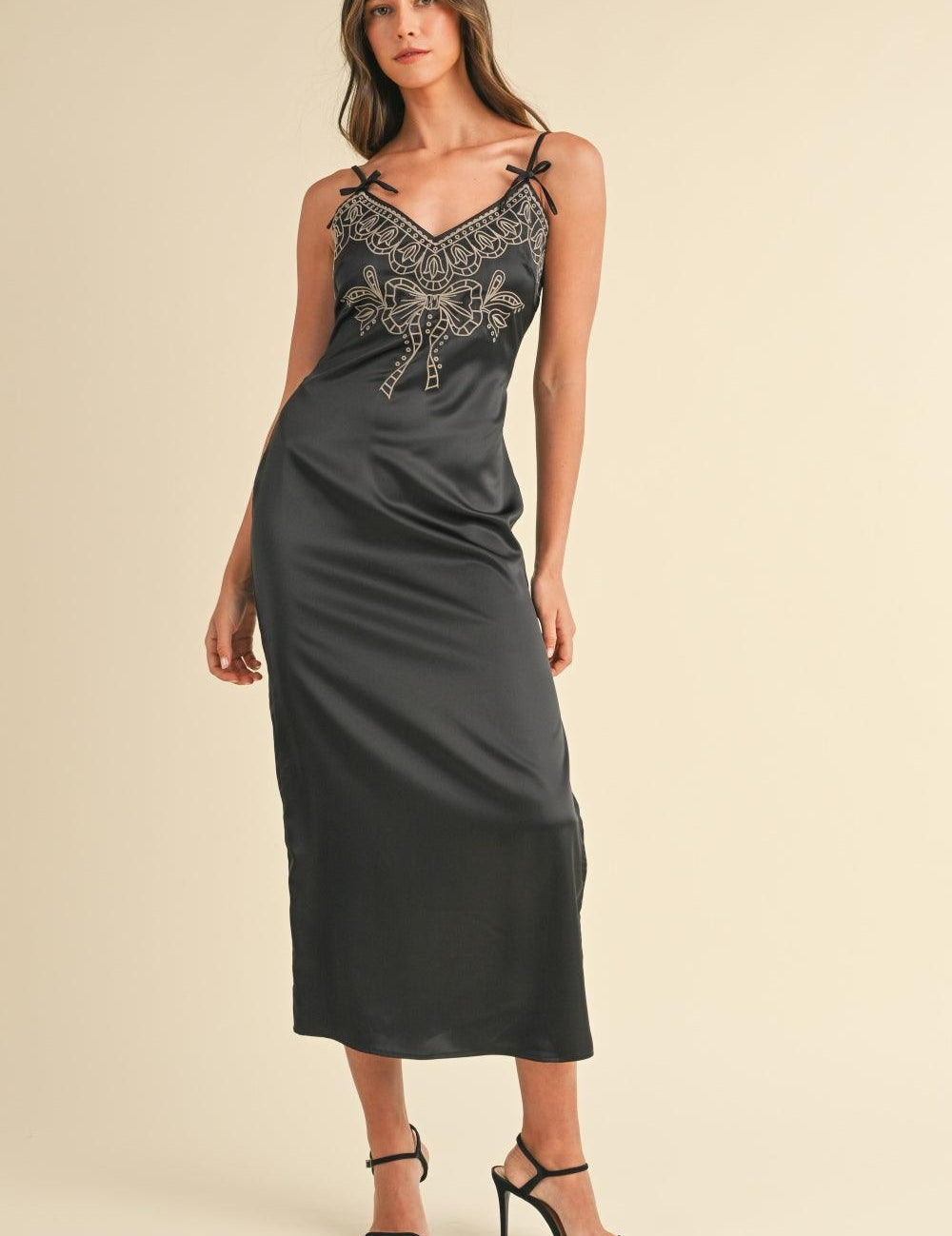 Black Mable Embroidered Cami Satin Midi Slit Dress | Daverri Fashions