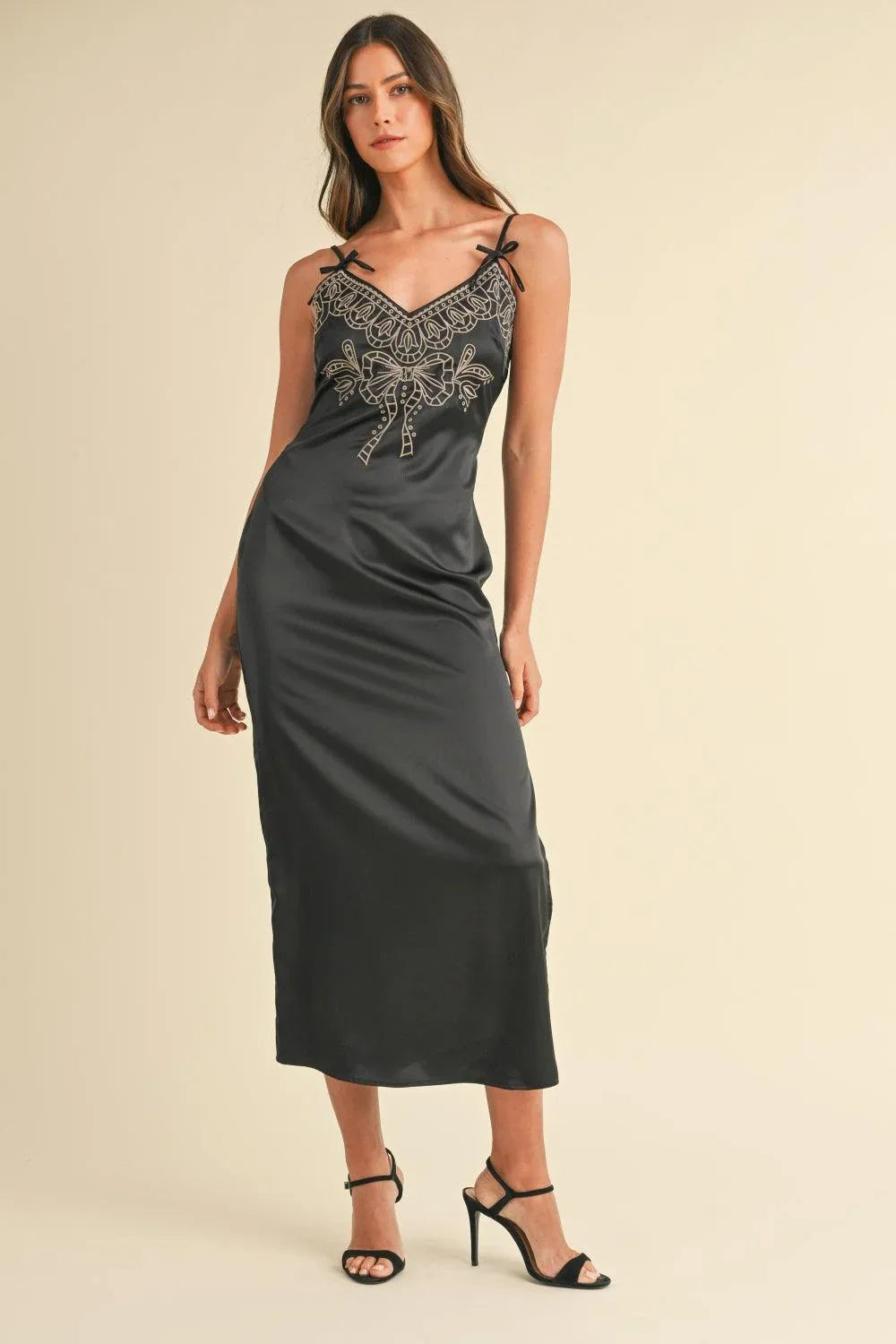 Mable Embroidered Cami Satin Midi Slit Dress - DAVERRI FASHIONS