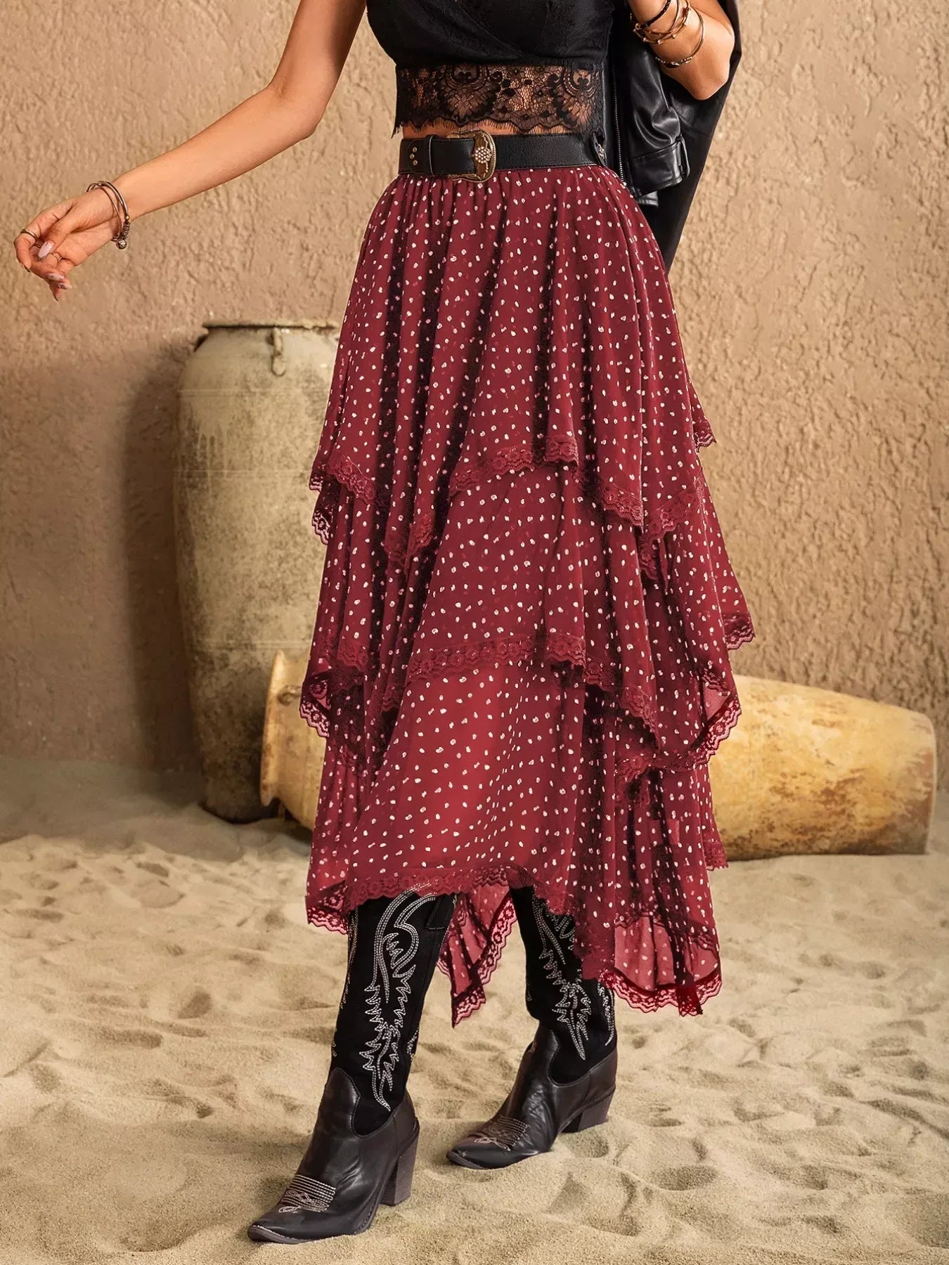 Lace Detail Layered Skirt - DAVERRI FASHIONS