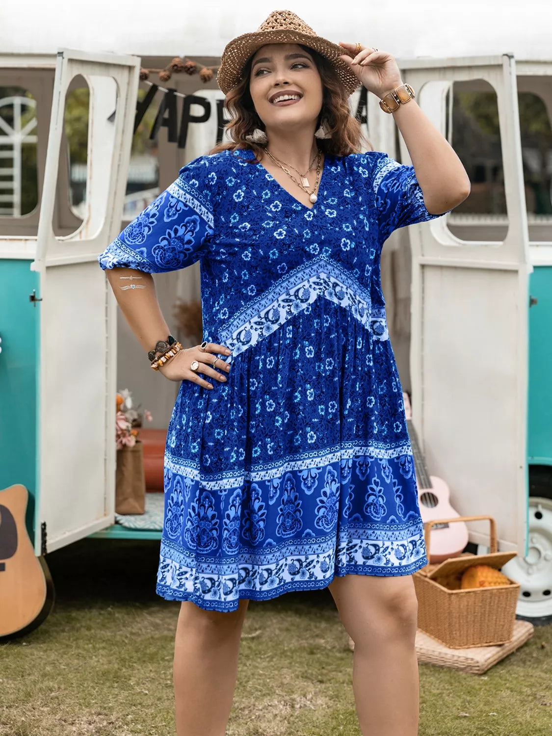 Vibrant blue plus size floral v-neck bohemian mini dress