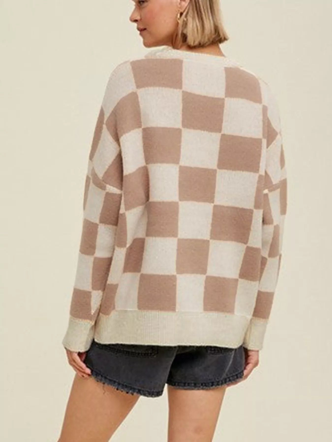 Cozy Daverri checkered ribbed trim knit baggy sweater in beige and cream