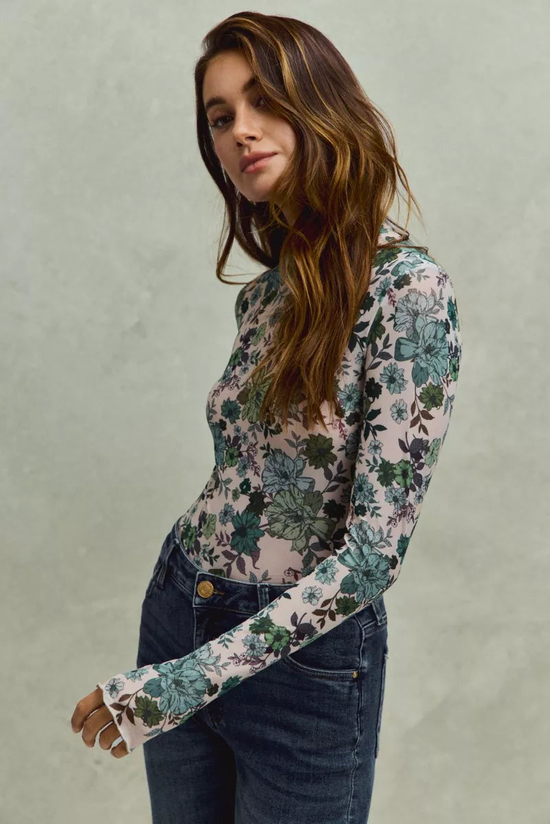 SO ME floral print mesh knit long-sleeve top with green and white flowers on pink background