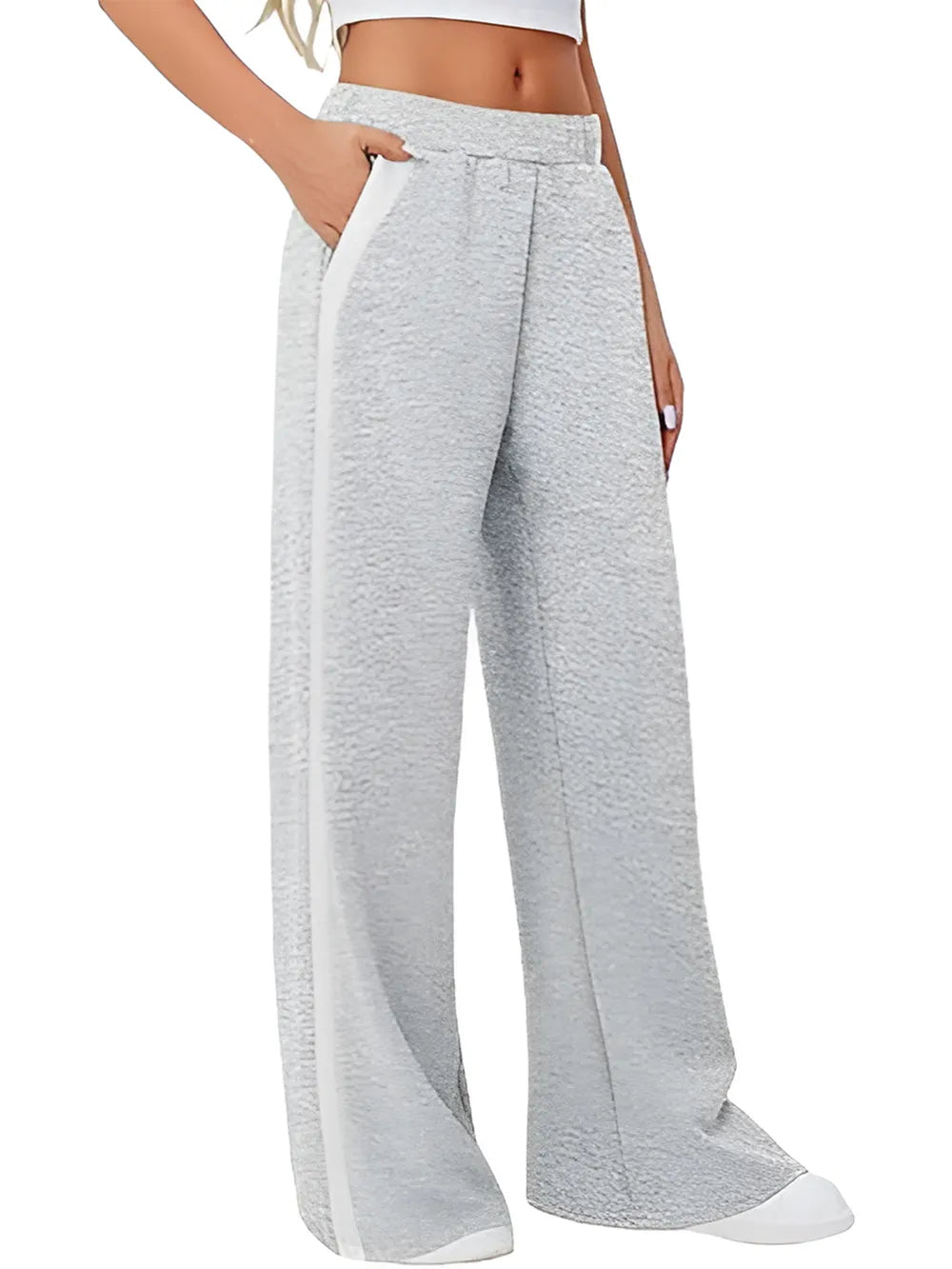 Light gray heathered Side Striped Wide Leg Pants with white side stripe