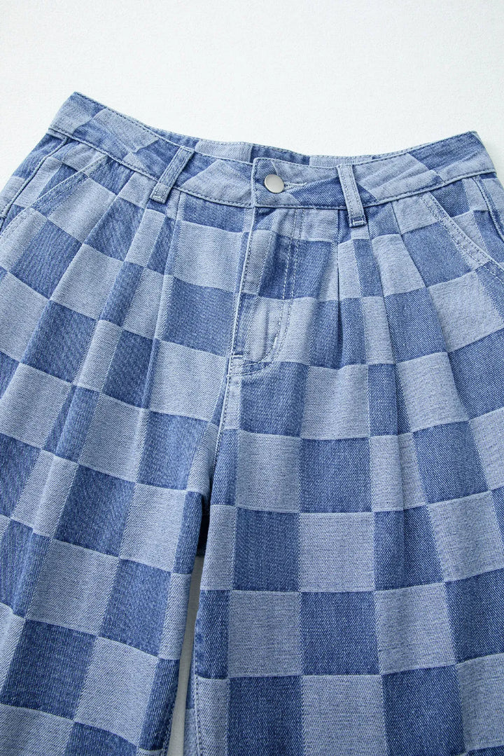 Checkered Wide Leg Jeans with Pockets | Jeans Daverri Fashions
