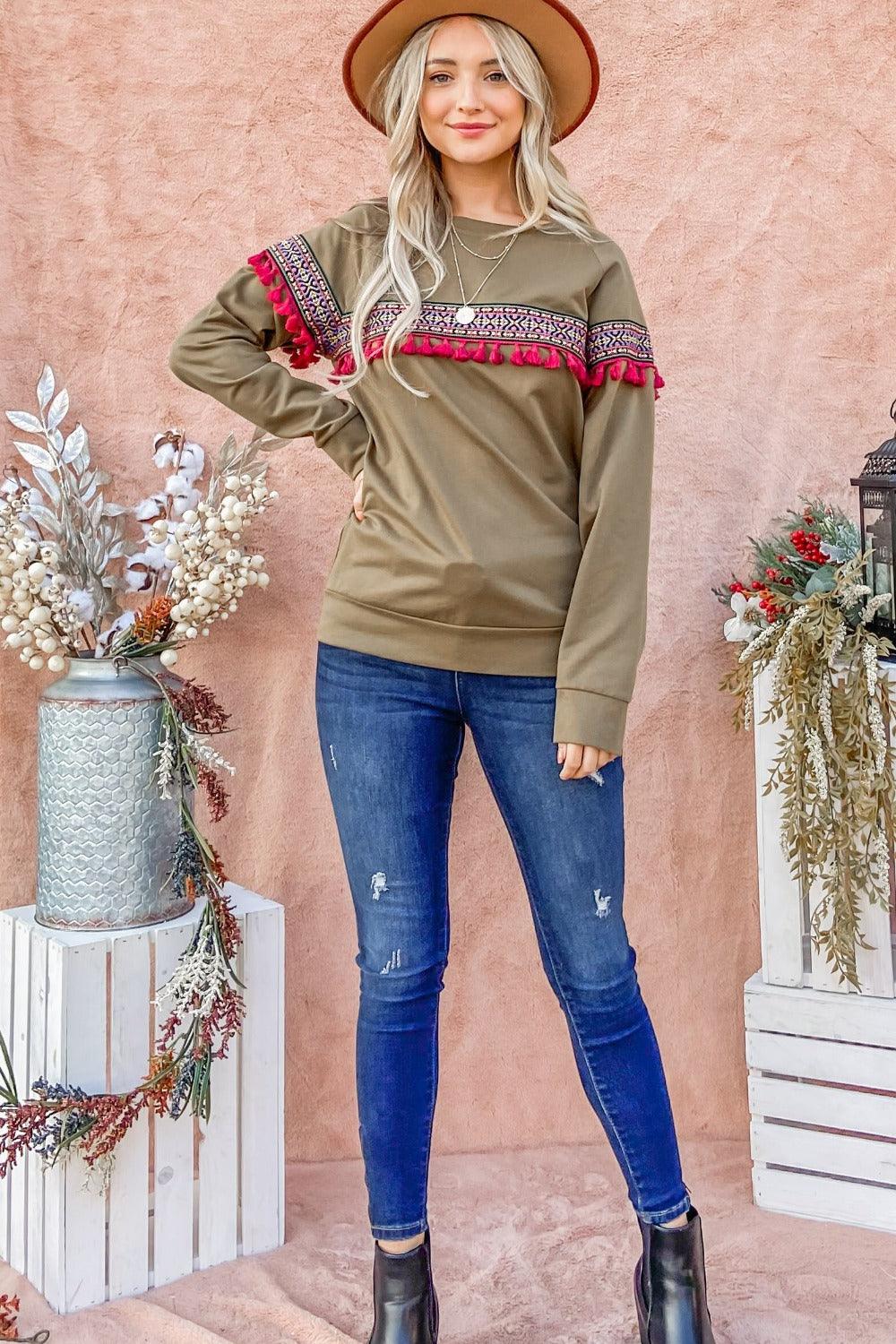 And The Why Ethnic Ribbon Tassel Trim Top | Tops Daverri Fashions