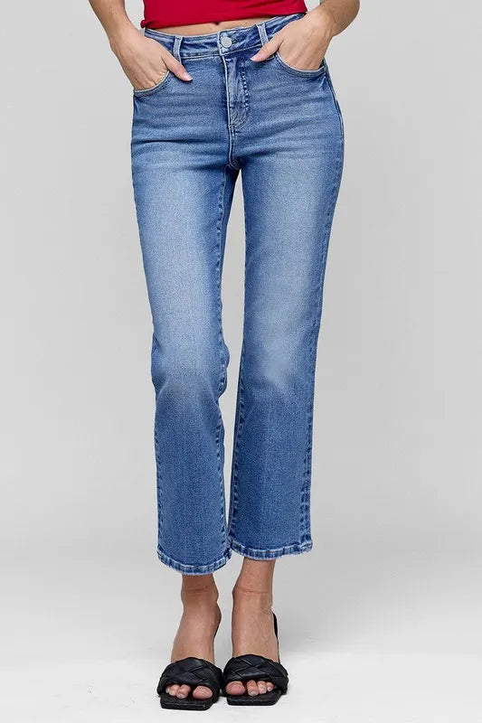 Medium RISEN Full Size Tummy Control High Rise Crop Straight Jeans Plus Size | Jeans Daverri Fashions