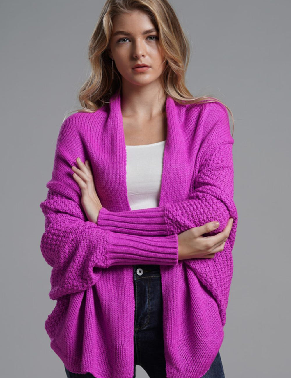 Fuchsia One Size Dolman Sleeve Open Front Ribbed Trim Longline Cardigan | Cardigans Daverri Fashions