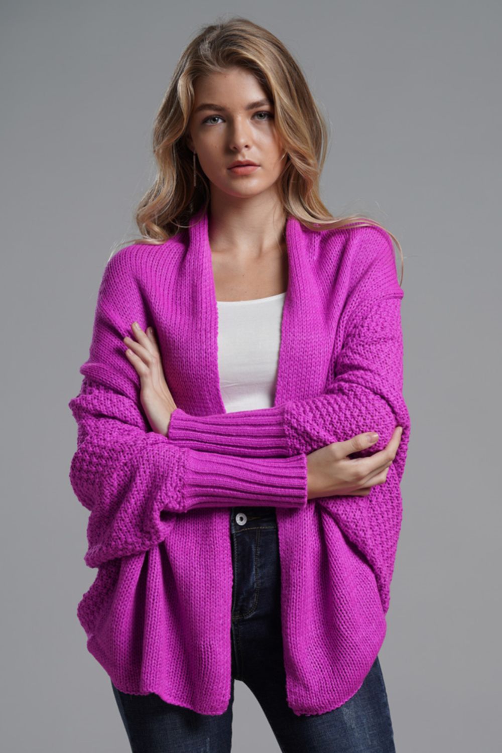 Fuchsia One Size Dolman Sleeve Open Front Ribbed Trim Longline Cardigan | Cardigans Daverri Fashions