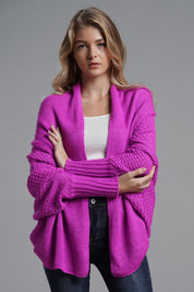 Fuchsia One Size Dolman Sleeve Open Front Ribbed Trim Longline Cardigan | Cardigans Daverri Fashions